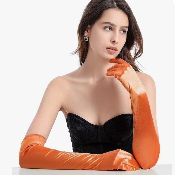 Long Satin Opera Orange Gloves - Picture 5 of 6